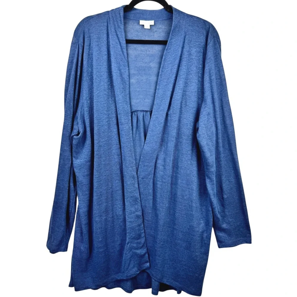 J Jill Cardigan Sweater‎ Large Love Linen Blue 100% Linen Open Front Long Sleeve